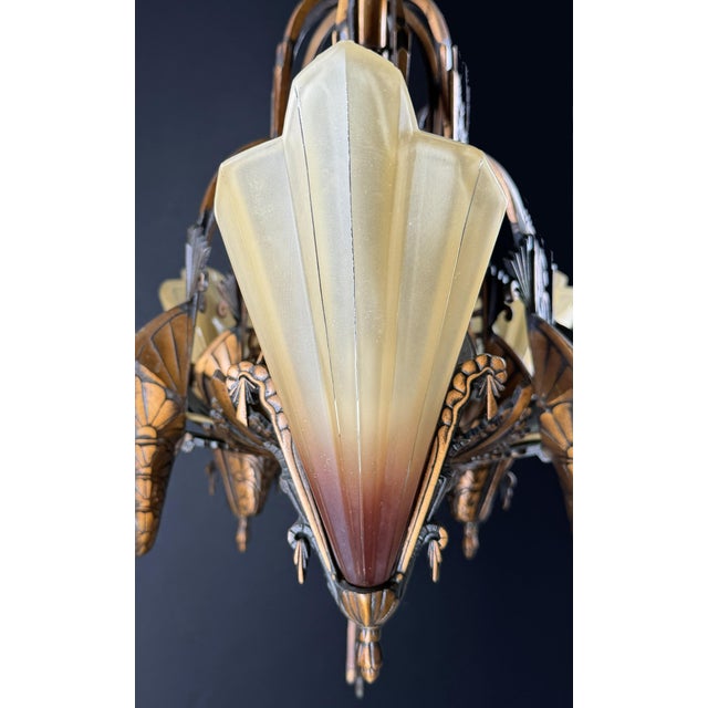1930s 1930s Mid-West Mfg. Soleure Series Art Deco 5-Light Slip Shade Chandelier in Cast Bronze For Sale - Image 5 of 14