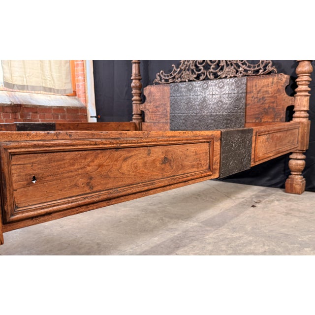 British Colonial Style Hardwood and Forged Iron Four Poster Queen Bed Frame For Sale - Image 12 of 14