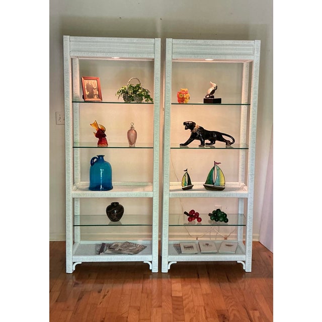 70s Vintage Henry Link White Wicker Lighted Etageres Display Glass Shelves - A Pair For Sale - Image 12 of 12