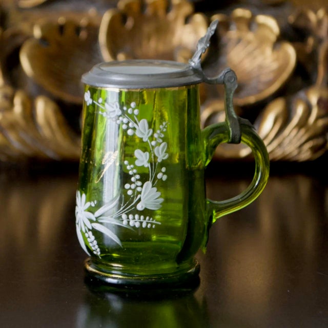 Glass Antique German Green Enameled Glass Syrup Pitcher – “Zur Erinnerung” to Remember, Victorian Era For Sale - Image 7 of 8