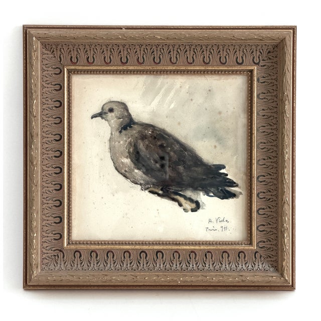 Wood Original 1911 French Belle Epoque Watercolor Painting of a Dove, Signed A. Vida For Sale - Image 7 of 7