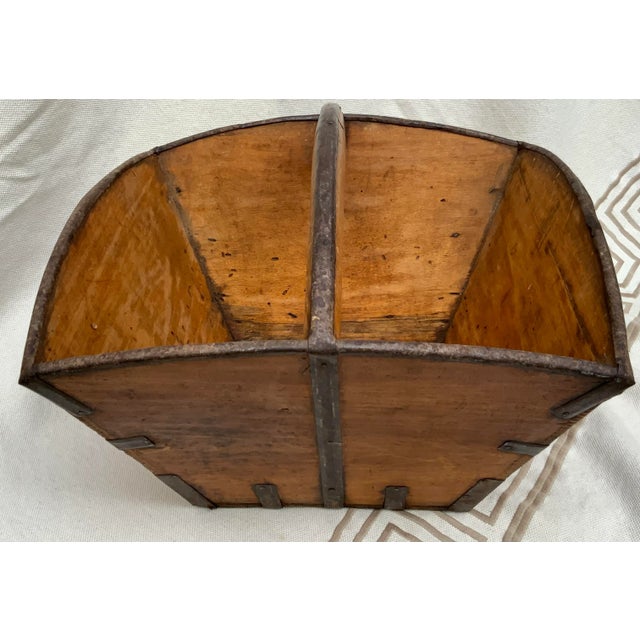 Brown Antique Elm Wood Gathering Basket With Original Iron Details For Sale - Image 8 of 12