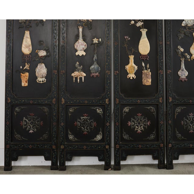 Black Chinese Six-Panel Carved Hardstone Lacquered Coromandel Screen For Sale - Image 8 of 12
