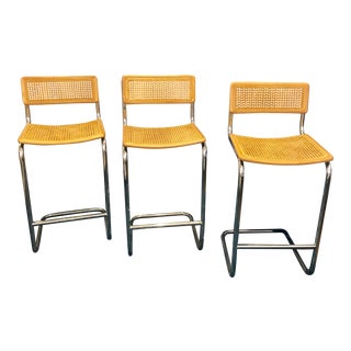 1960s Vintage Cesco Marcel Breuer Milo Baughman Style Caned and Chrome Stools- Set of 3 For Sale