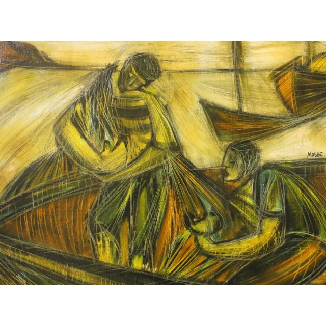 1960s 1960s "Fisherfolk" Maritime Oil Painting by Moshe Katz, Framed For Sale - Image 5 of 8