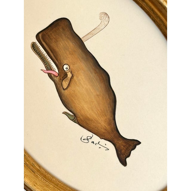 Nautical Original Hand-Painted Whimsical Baby Whale Painting in a Vintage Frame For Sale - Image 3 of 3