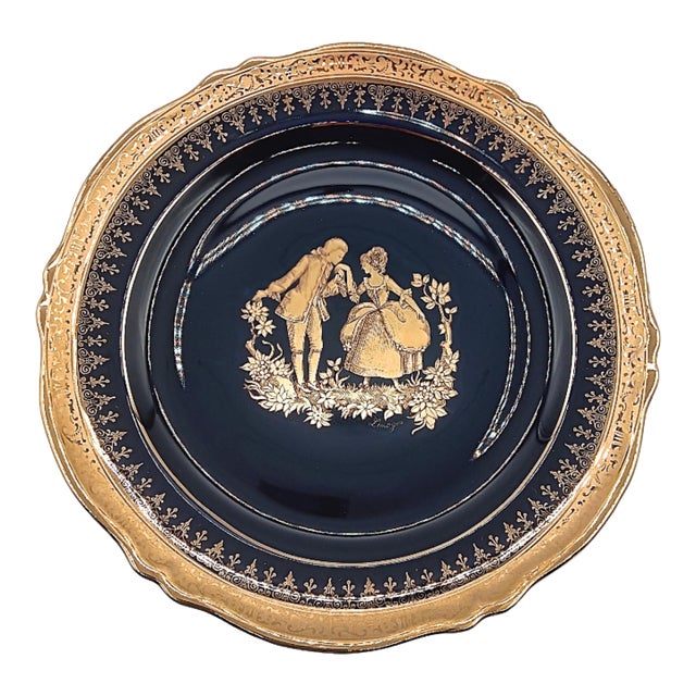 VTG Limoges Cobalt Blue & 22k Gold Courting Couple Porcelain Plate For Sale