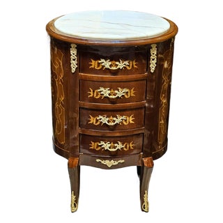 French Style Small Commode – Marble Top, 4 Drawers & Gold Leaf Accent Chest For Sale