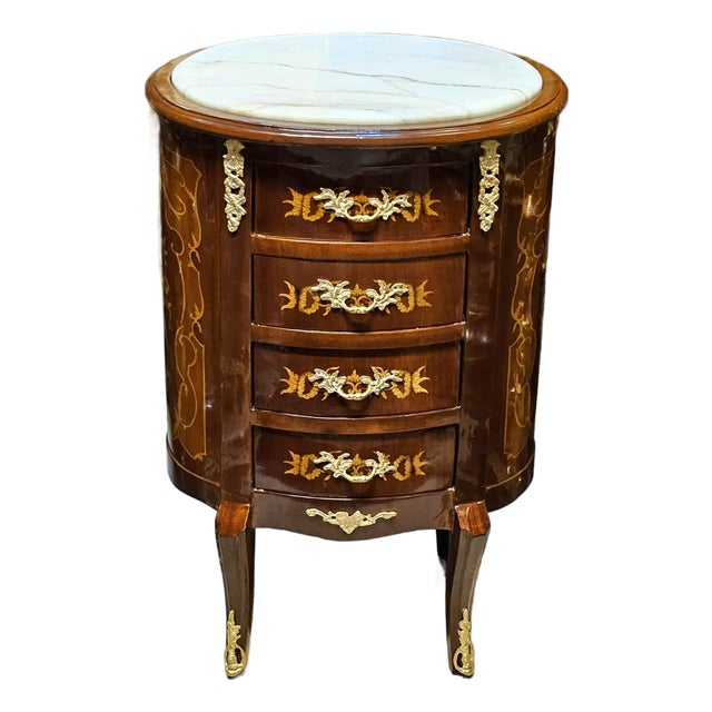 French Style Small Commode – Marble Top, 4 Drawers & Gold Leaf Accent Chest For Sale