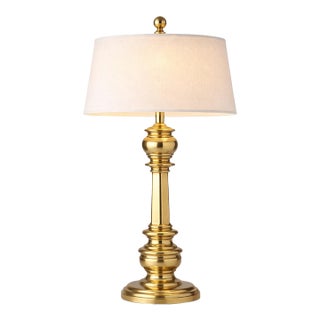 Vintage Oversized Sunlit Brass Baluster Table Lamp — 37” Tall Statement Lamp With 18” Linen Shade & Globe Finial For Sale