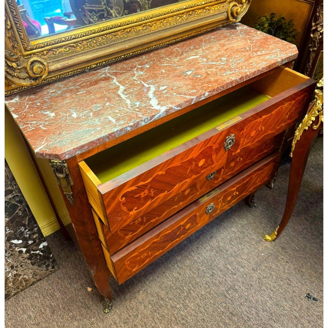 Stone French Louis XV Marble Top Commode Chest – Floral Marquetry With Bronze Hardware For Sale - Image 7 of 7