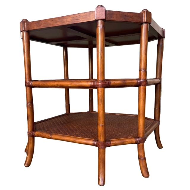 Palm Beach Regency Octagonal 3-Tier Faux Bamboo Side Table With Woven Rattan & Glass For Sale In San Diego - Image 6 of 10