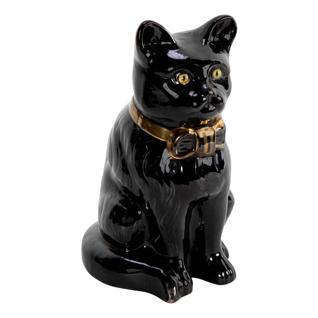 Midcentury French Glazed Ceramic Black Cat For Sale