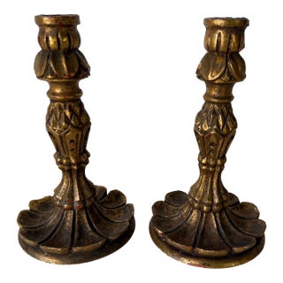 Vintage Italian Florentine Gilt Carved Wood Candleholders – A Pair For Sale