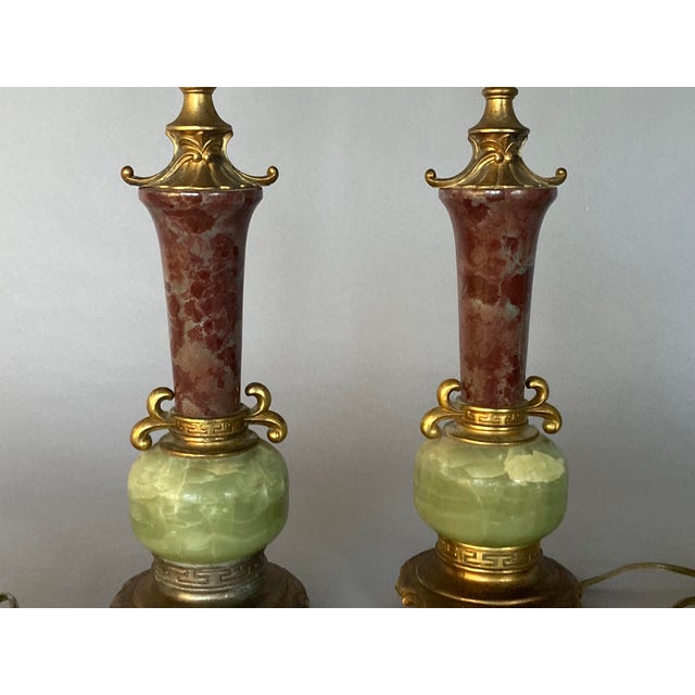 Chinoiserie 1940s Chinoiserie Table Lamps Featuring Onyx and Marble, Gilded Metal Fittings - a Pair For Sale - Image 3 of 6