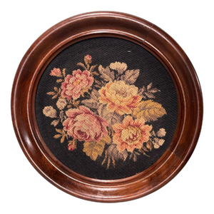 Antique Victorian Walnut Framed Round Floral Hanging Needle Point Needlework