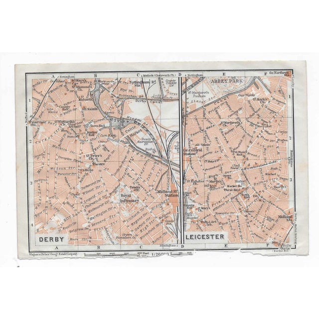 1910 map of the UK cities of Leicester and Derby from a British travel atlas.