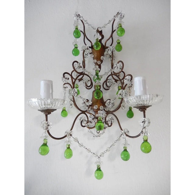 1920 French Green Murano Drops Beaded Swags Giltwood Sconces For Sale - Image 6 of 13