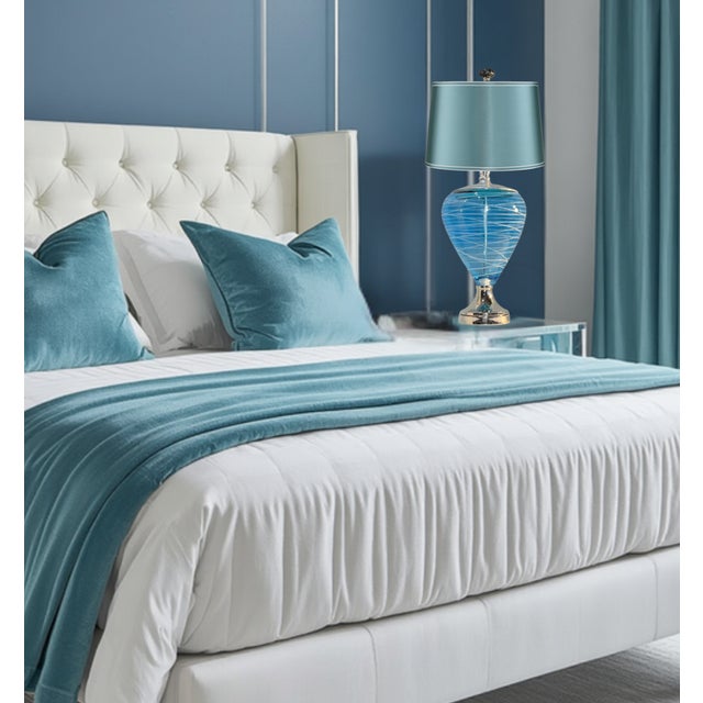 Murano Art Glass Aqua Blue White Swirl Table Lamp For Sale - Image 4 of 18