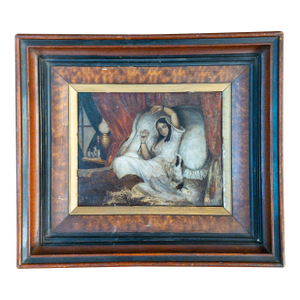 19th Century French or Continental Interior Genre Scene of a Lady With Dog, Oil on Tin