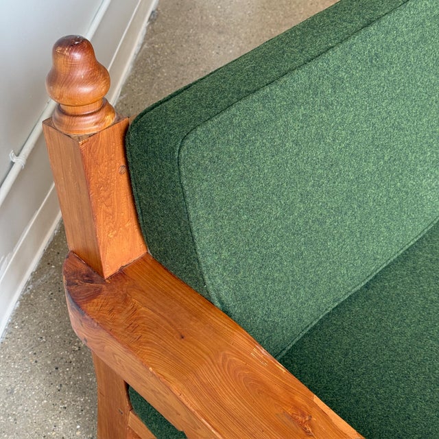 1970s Brutalist Carved Pine Sofa in Green Wool For Sale - Image 4 of 10