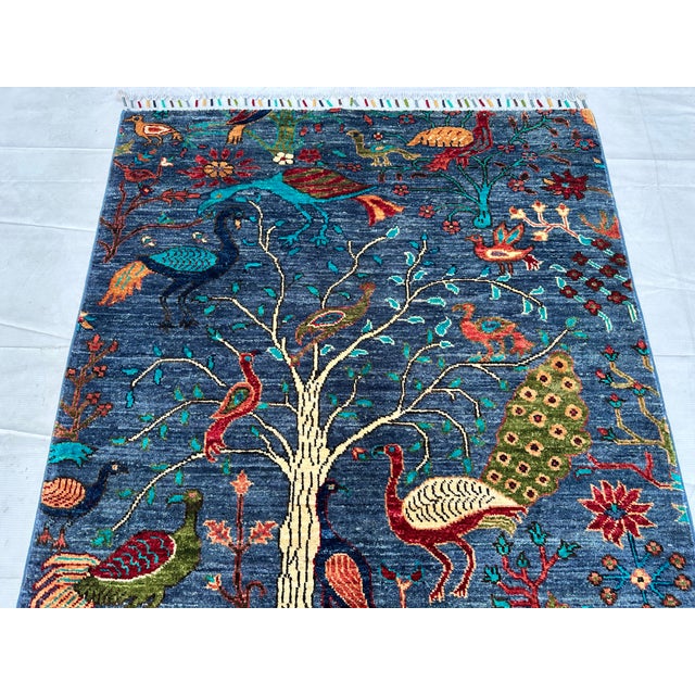 Slate Blue Persian Peacock Tree of Life Hand-Knotted Wool Rug - 3'3" X 5'0 For Sale - Image 4 of 11