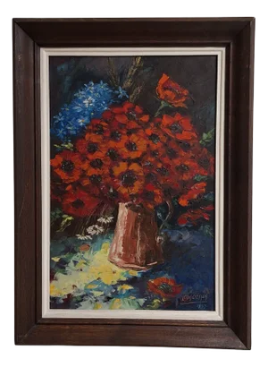 Leon Cilissen, Floral Still Life with Poppies and Delphiniums, 1959, Oil Painting on Canvas, Framed
