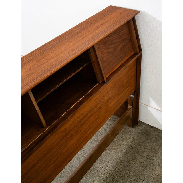 1960s Mid Century Danish Modern Headboard King Bed Frame Walnut Sliding Doors Storage For Sale - Image 11 of 11