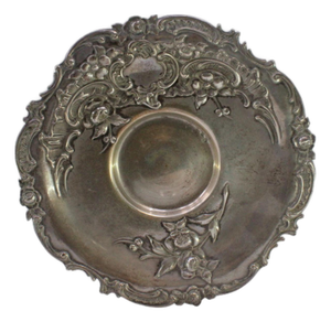 Silver Tray with Floral Reliefs, Scrolls and Monogram Card