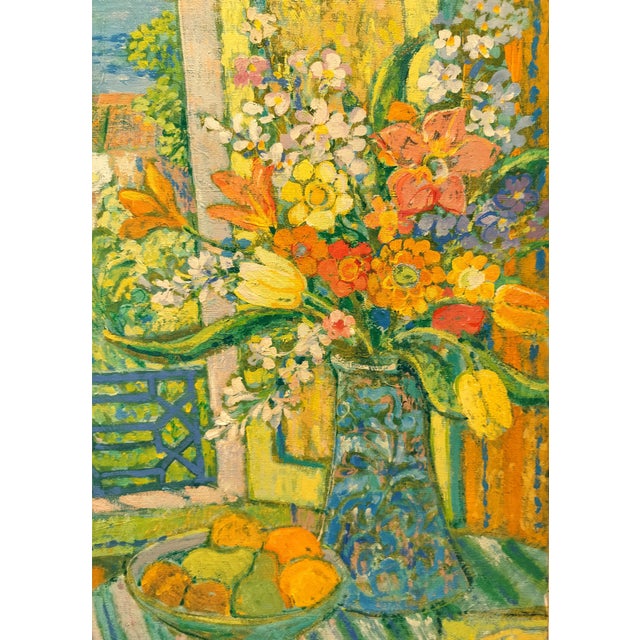 Mid Century Neo Impressionist Floral Window Scene by Scottish Artist William Grimaud For Sale - Image 4 of 7