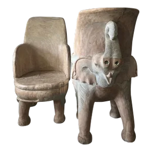 Mid 19th Century Antique Hand Carved Wooden Sculptural Elephant Chairs -A Pair