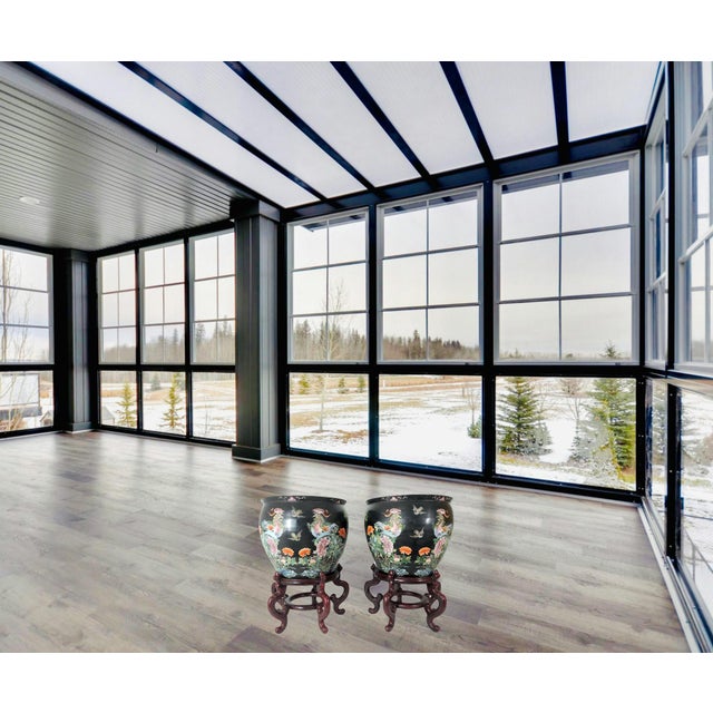 Early 20th Century Antique Nyonya Straits Chinese Porcelain Planters, Jardinieres, Famille Noire Black With Goldfish & Phoenix Birds, a Pair, Rosewood Stands, For Sale - Image 5 of 15