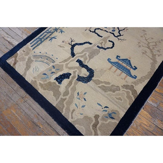 1930s Antique Ivory Scene Pictorial Birds Wool Chinese Peking Knotted Small Rug For Sale - Image 4 of 9