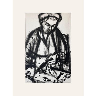 Mid Century Vintage Black and White Painting on Paper of Woman Sewing Signed by Woulfart, With Mat For Sale