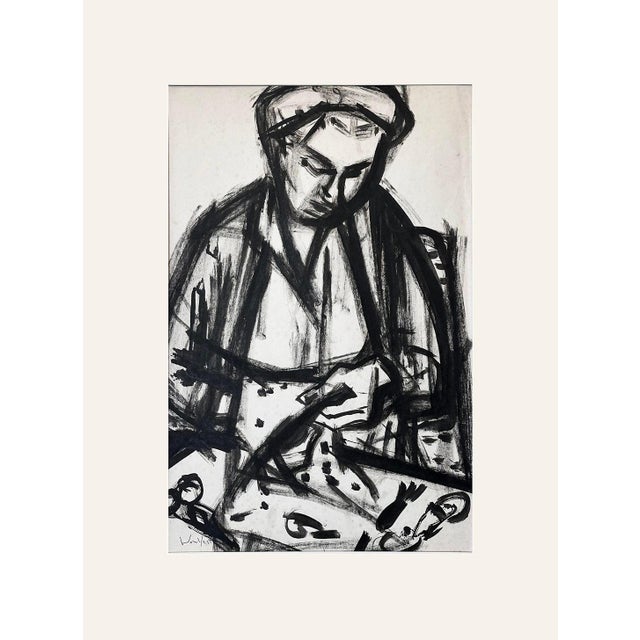 Mid Century Vintage Black and White Painting on Paper of Woman Sewing Signed by Woulfart, With Mat For Sale