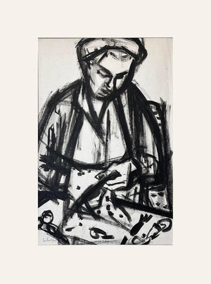 Mid Century Vintage Black and White Painting on Paper of Woman Sewing Signed by Woulfart, With Mat
