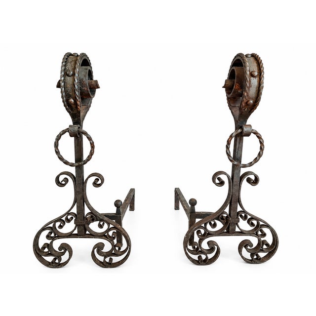 19th-C. French Hand Forged Wrought Iron Fireplace Andirons With Scrollwork - Pair For Sale - Image 4 of 4