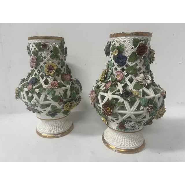 Polychrome Openwork Porcelain Baluster Vases, Saxony, Germany, 19th Century, Set of 2 For Sale - Image 15 of 15