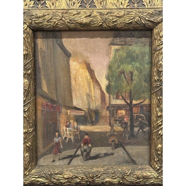 Overview: Up for sale is an incredible c1940 WPA-era cityscape oil painting on canvas board. The painting depicts a city...