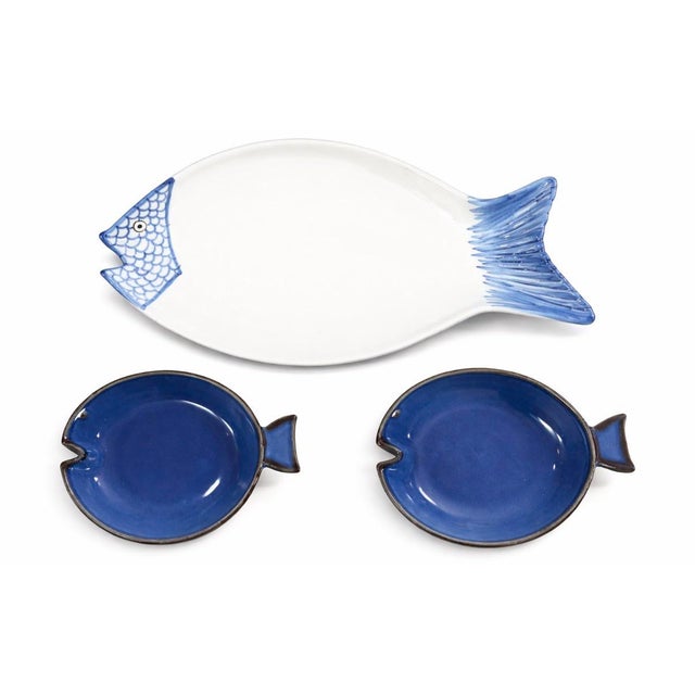 Vintage Italian Ceramic Fish Shaped Serving Plater & Bowls - Set of 3 For Sale In Miami - Image 6 of 8
