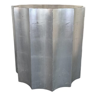 Sirmos Silver Leaf Doric Drum Side Accent Table For Sale