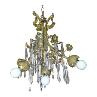 1940's Hollywood Regency Gilt & Verdigris Bronze, Crystal & Tole Floral Pendant/ Chandelier For Sale