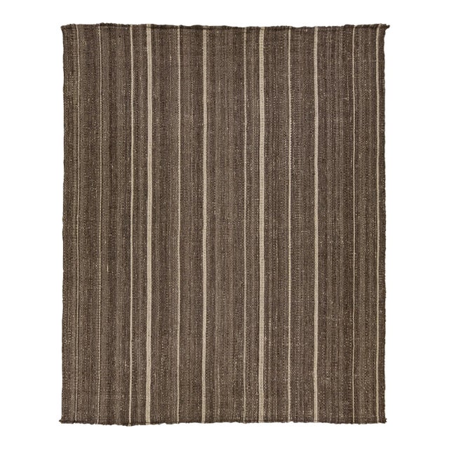 Organic Modern Flatweave Brown Wool Rug With Striped Design For Sale