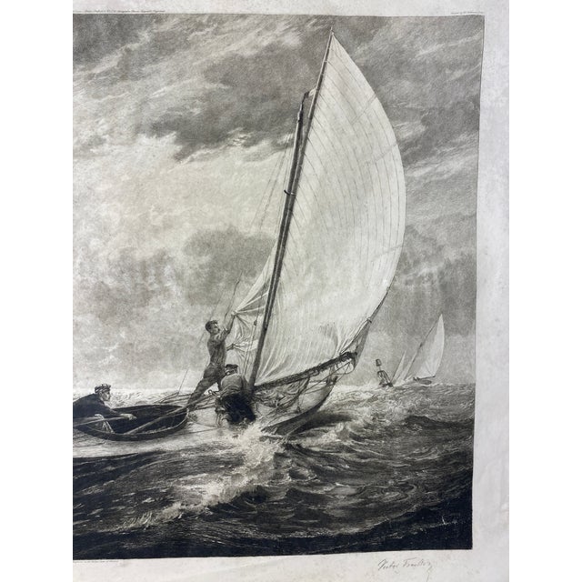 Antique Nautical Seascape Circa 1919 Maritime Engraving Print, Sailboats in Rough Seas For Sale - Image 9 of 10