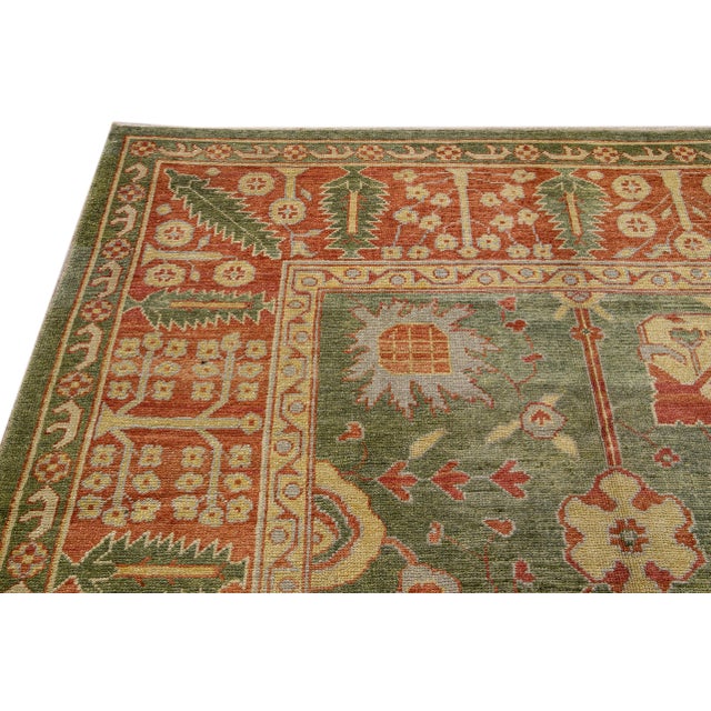 Textile Modern Turkish Oushak Handmade Floral Motif Green Wool Rug For Sale - Image 7 of 10