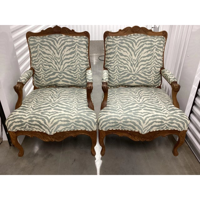 French Walnut Fauteuils Newly Upholstered in Stroheim Animal Print For Sale - Image 12 of 14
