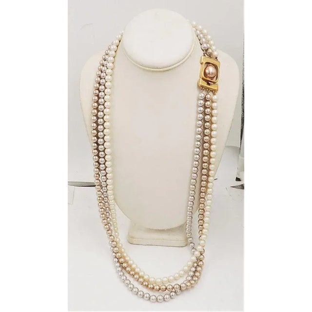 Vintage 1980s Signed Monet Goldtone 3-Strand White, Tan & Silver Faux-Pearls Necklace For Sale In Philadelphia - Image 6 of 7