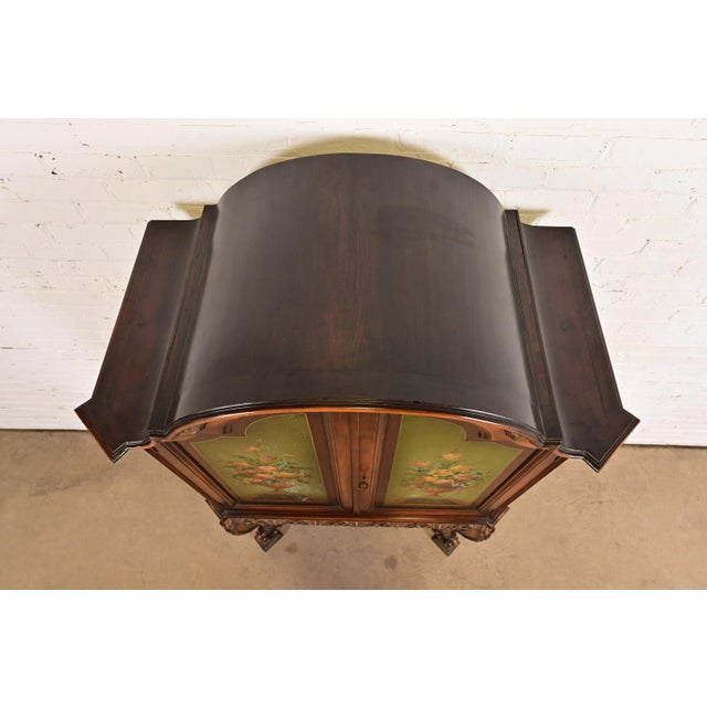 Berkey & Gay Style Antique English Jacobean Carved Walnut Hand Painted Bookcase or Bar Cabinet, Circa 1920s For Sale - Image 11 of 14