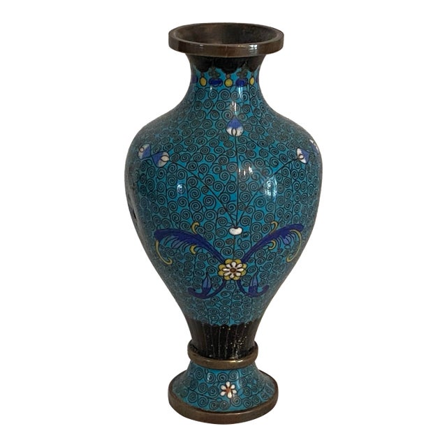 Antique Intricate Scroll and Floral Design Chinese Cloisonné Turquoise Vase For Sale