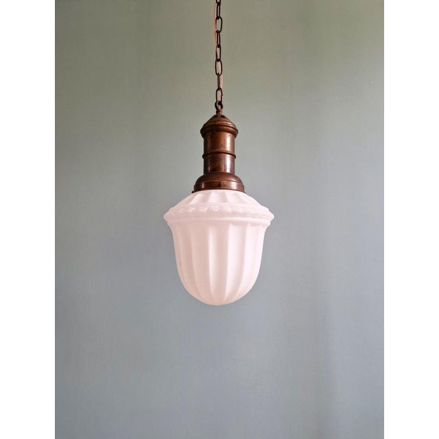 Metal Art Deco Pendant Light in Molded White Pressed Glass, 1920s-1930s For Sale - Image 7 of 15
